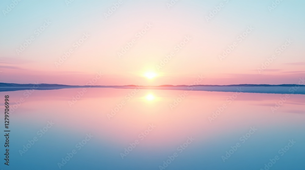 A soft gradient sky over a mirror-like beach reflecting the warm hues of the setting sun. A soft gradient sky over a mirror-like beach reflecting the warm hues of the setting sun.