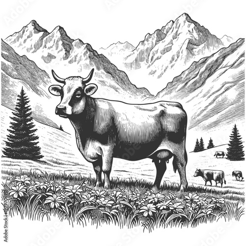 cow grazing in an alpine meadow, with mountains, a farmhouse, and wildflowers in the background, drawn in an engraved style sketch engraving generative ai vector. Scratch board. Black and white image.