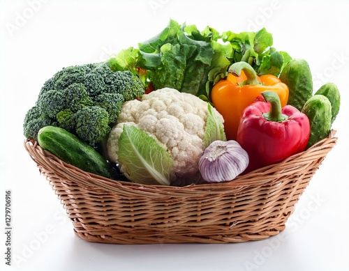 Fresh vegetables in the basket, white background, and in the kitchen. Slicing Vegetables in the kitchen, fresh Vegetables are a delicious and healthy way to nourish your body