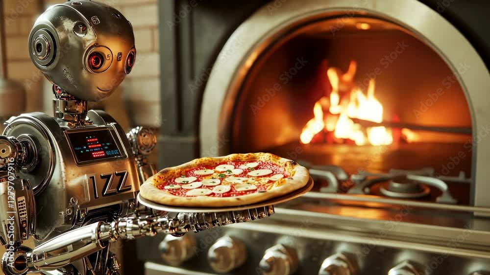 Futuristic robot chef baking pizza in rustic wood-fired oven