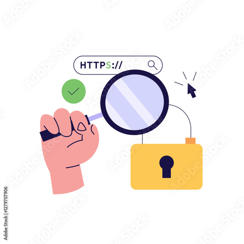 Using browser with https protocol illustration. People searching website address with security. Concept of web protection, ssl certificate for web Design, UI, banners