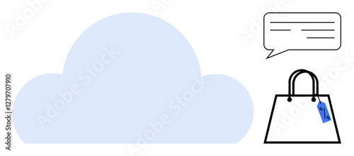 Cloud in center, speech bubble in upper right, shopping bag with tag in lower right. Ideal for e-commerce, cloud storage, digital marketing, online retail, cloud services, virtual communication