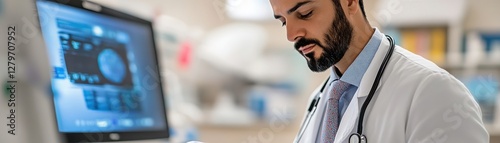 A focused medical professional analyzing data on a computer screen, showcasing technology in a healthcare setting. photo