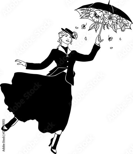 Elegant black and white vector illustration of a woman floating with a floral umbrella. Graceful vintage-inspired artwork with a touch of magic. Ideal for prints,posters, fashion,and decorative design