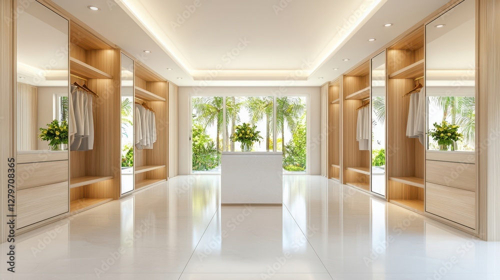 Fototapeta premium Modern showroom with spacious design, natural light, and elegant decor featuring mirrored cabinets and greenery.