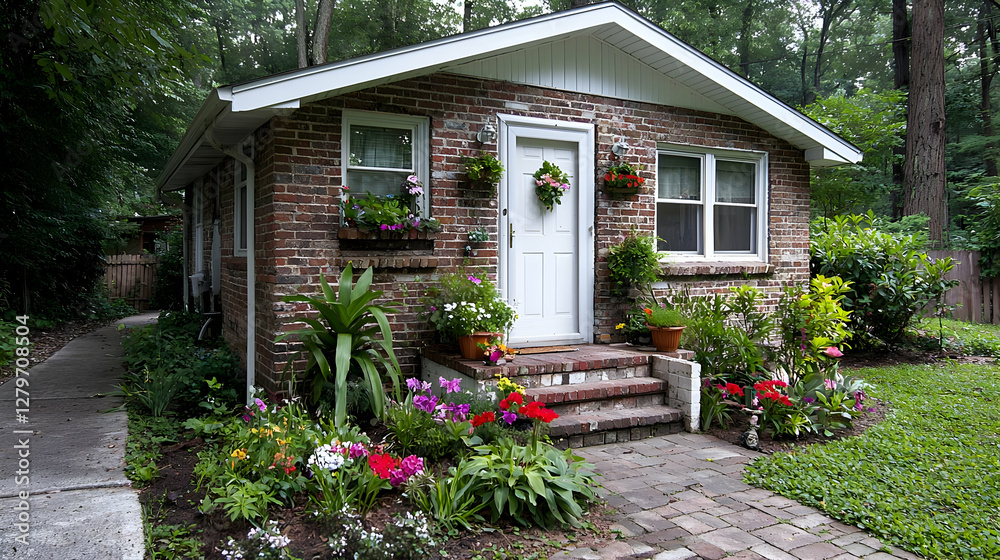 Obraz premium Charming brick cottage, lush garden, wooded area, summer vacation rental