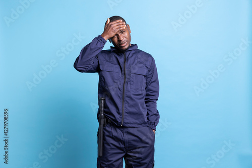 Distraught sick security agent is suffering from a headache in studio, working under pressure with a huge responsibility. Bodyguard has a painful migraine, anxious gloomy feelings from stress.