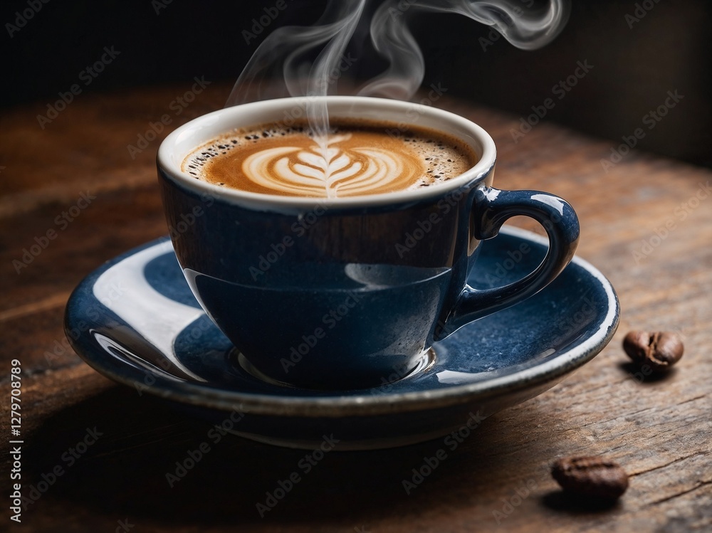 Blue cup, containing coffee with a beautiful design Blue cup, containing coffee with a beautiful design