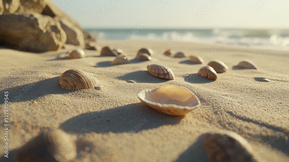 A textured beach scene with smooth rocks and delicate shells scattered on the sand.