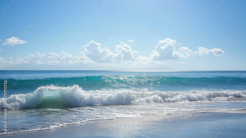 Fototapeta premium A tropical seascape with bright blue water stretching to the horizon, warm light reflecting on the waves.