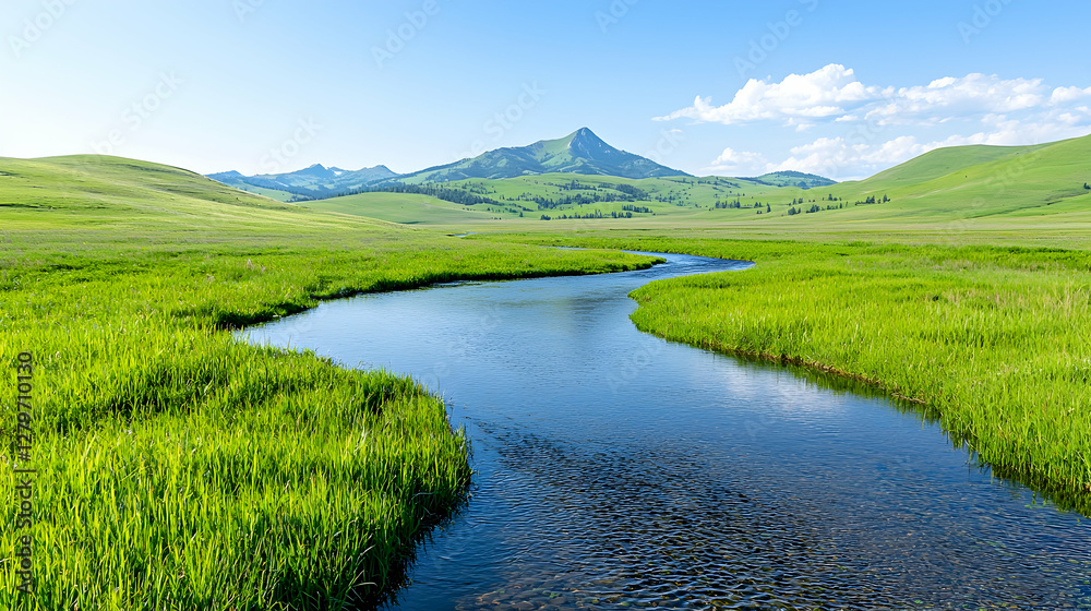 Obraz premium Serene mountain stream flows through lush green valley (1)