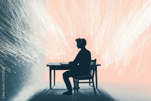 Wallpaper Mural A detailed illustration of a person sitting at a desk, deeply focused on a task, surrounded by soft lines of light representing concentration and clarity of thought. Torontodigital.ca