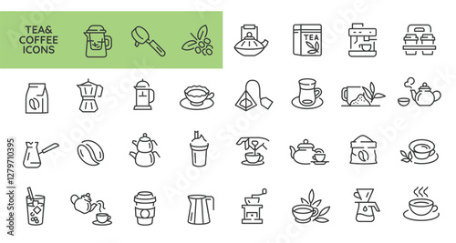 Tea and coffee icons. Set of 31 trendy minimal coffee and tea icons. Coffee Beans, Matcha, Green Tea, Mug. For branding tea shops, coffee houses, and beverage products. Vector illustration