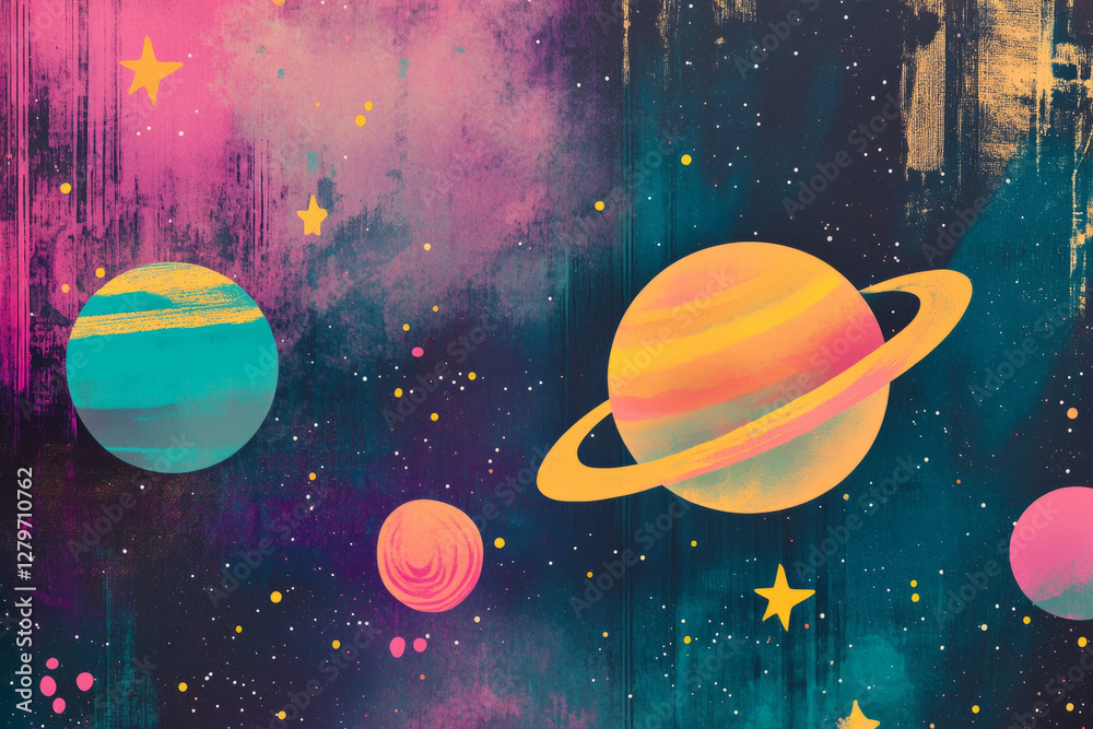 Naklejka premium A risograph inspired cosmic scene, with planets and stars layered in overlapping magenta, cyan, and yellow ink textures.
