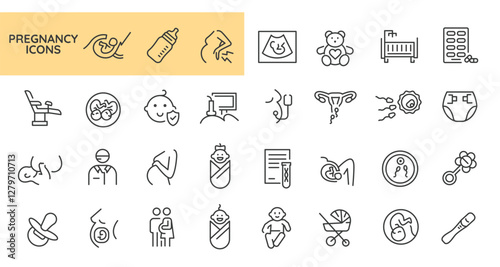 Pregnancy icons. Set of 31 pregnancy trendy minimal icons. Fetus, Ultrasound, Test, Baby, Embryo icon. Design signs for web page, mobile app, packaging design. Vector illustration.