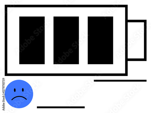 Battery icon with empty bars and a sad blue face symbolizing low energy, burnout, or depletion. Ideal for productivity, mental health, fatigue, stress, technology, power management abstract line