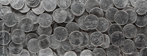 US  quarter dollar coins, State quarters, 4 x actual size. Large panorama, close up of  25 cent currency. State motif obverse, quarters