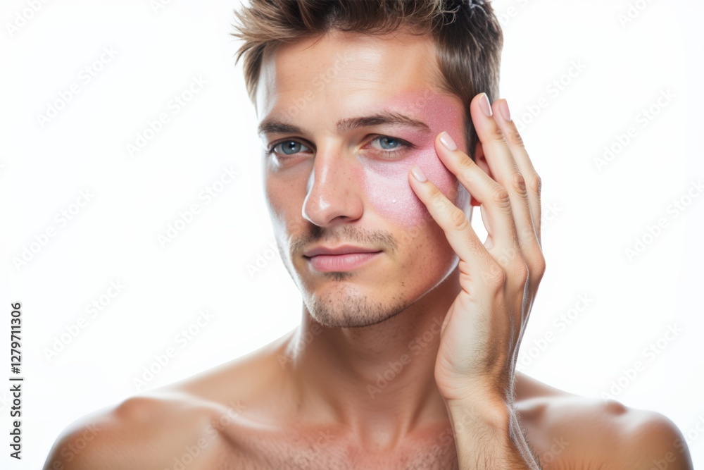 A Young Adult Male Model Demonstrating a Gentle Facial Touch with Artful Makeup Accents Highlighting Feature Definition in a Bright, Studio Setting A Young Adult Male Model Demonstrating a Gentle Facial Touch with Artful Makeup Accents Highlighting Feature Definition in a Bright, Studio Setting