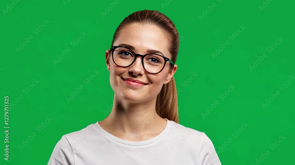 Woman with doubtful facial expression, green screen, chroma key Woman with doubtful facial expression, green screen, chroma key