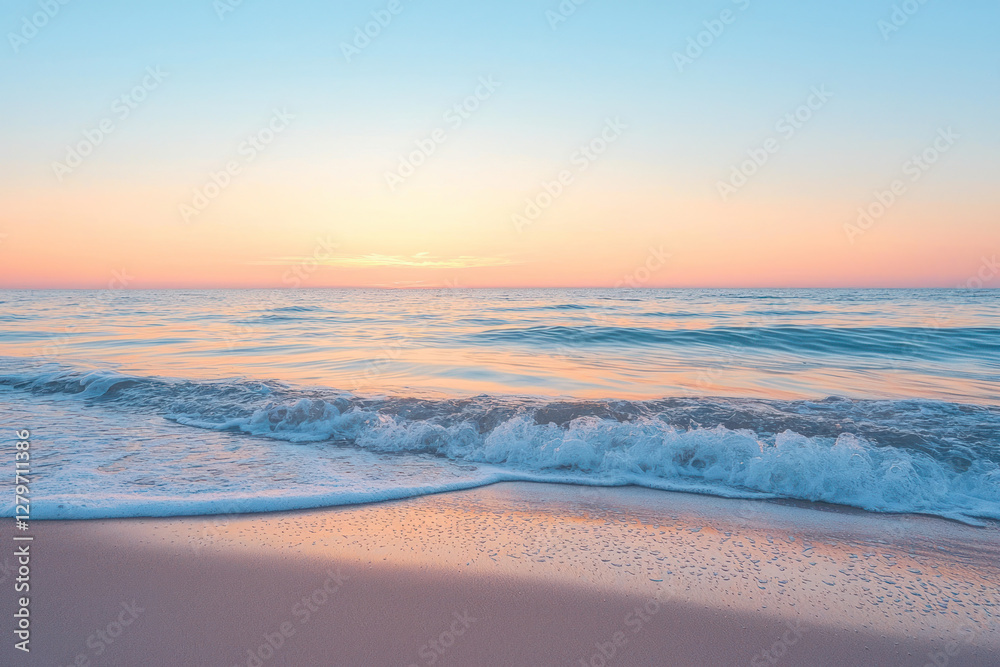 A Sunrise over ocean with tranquil waves, whispers of happiness, peach and sky blue hues create serene atmosphere A Sunrise over ocean with tranquil waves, whispers of happiness, peach and sky blue hues create serene atmosphere