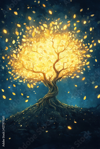 A poetic and dreamy illustration of a tree growing from a simple act of kindness, its leaves glowing with golden energy, representing the power of giving and compassion.