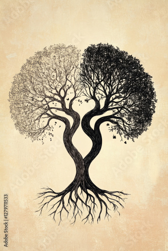 A symbolic illustration of two trees standing side by side, their branches intertwined, representing balance, support, and growth in relationships.
