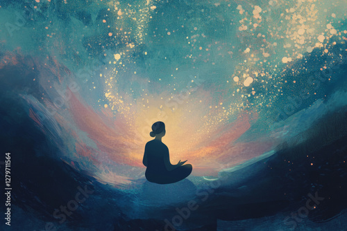 An illustration of a person sitting in a peaceful environment, breathing deeply with a soft glowing aura around them, symbolizing the power of mindfulness to reduce stress and anxiety.