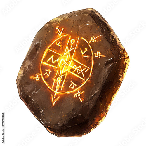 a magical talisman made of brown stone and adorned with golden runes, glowing softly, watercolor style