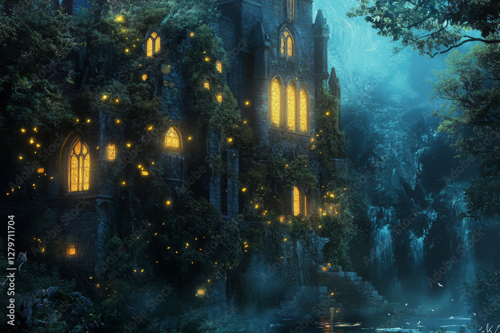 Naklejka premium A highly detailed fantasy illustration of an ancient, overgrown castle hidden deep within an enchanted forest, with glowing vines climbing the walls.