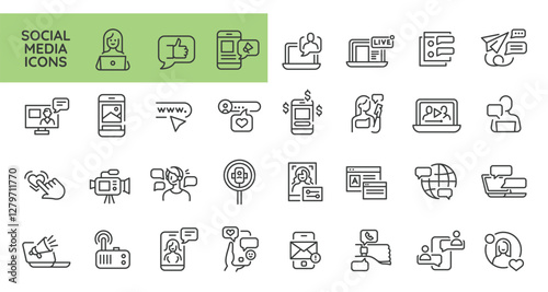 Social media icons. Set of 30 social media minimalist icons. Megaphone, like, user profile, smartphone, video, chat icon. Design signs for web page, mobile app, digital marketing. Vector illustration