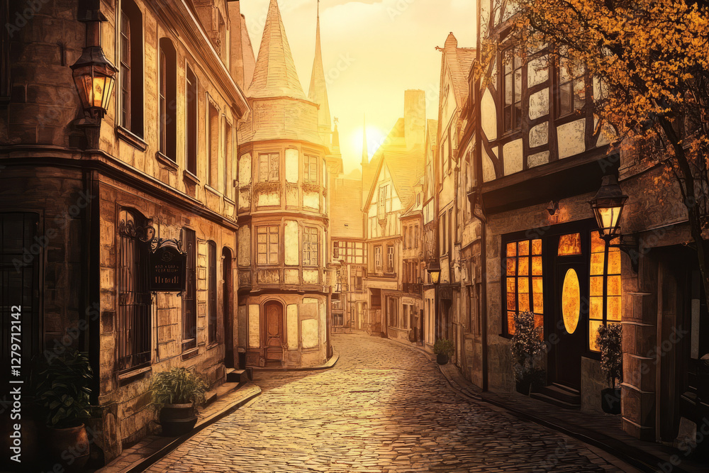 Fototapeta premium A vintage inspired travel poster featuring a picturesque European cityscape, with detailed old buildings, cobblestone streets, and warm golden lighting.