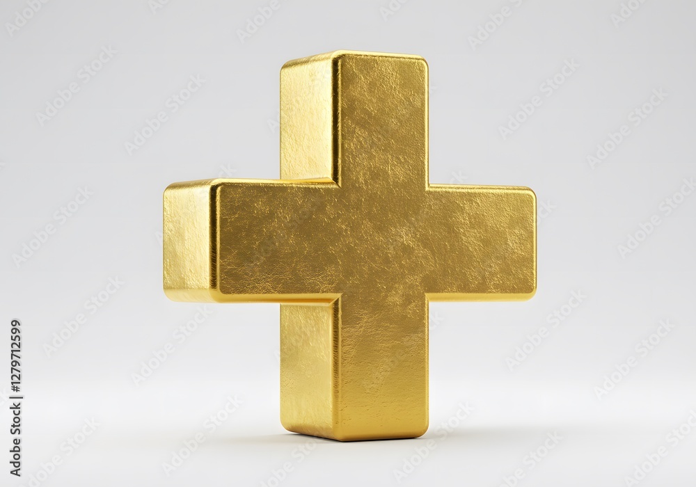 Obraz premium Shiny Gold Plus Sign Symbol Isolated on White Background,3D Metallic Plus Icon.