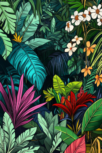 A vibrant, hand drawn digital painting of a lush jungle teeming with exotic plants, oversized leaves, and bright tropical flowers, with hidden wildlife peeking through the foliage.