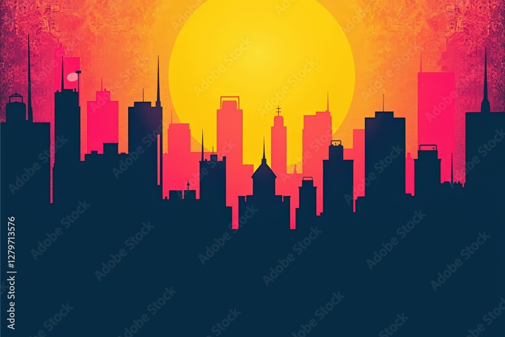 Fototapeta premium Vibrant Sunset Over a City Skyline: A Colorful Silhouette of Urban Architecture Against a Bold Orange Sun in the Background