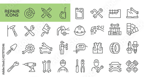 Repair icons. Set of 30 trendy minimal icons including wrench, screwdriver, tape measure, and more. Design signs for web page, mobile app, packaging design. Vector illustration.