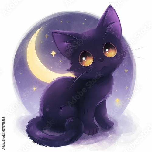 Adorable purple cat with big eyes against a moonlit background.
