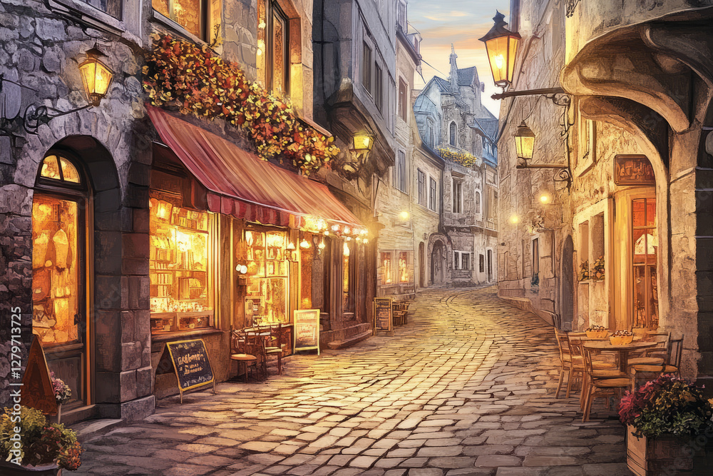 Fototapeta premium A nostalgic vintage postcard illustration of an old European street with charming storefronts, warm cafÃ© lights, and cobblestone pathways leading into the distance.