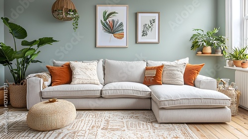 Modern sectional sofa in living room, plants, calm interior, home decor, design inspiration photo