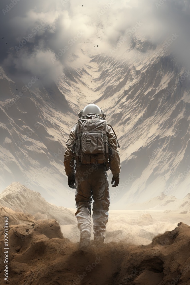 Lone astronaut exploring dramatic mountain landscape in misty environment. Space exploration concept. Cinematic view of spaceman walking through epic rocky valley Lone astronaut exploring dramatic mountain landscape in misty environment. Space exploration concept. Cinematic view of spaceman walking through epic rocky valley