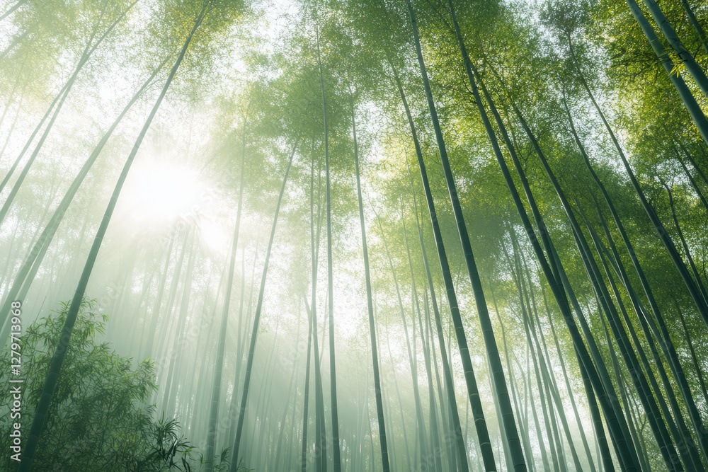 A tranquil bamboo grove, where a gentle mist rolls over the ground, and soft sunlight filters through tall green stalks. A tranquil bamboo grove, where a gentle mist rolls over the ground, and soft sunlight filters through tall green stalks.