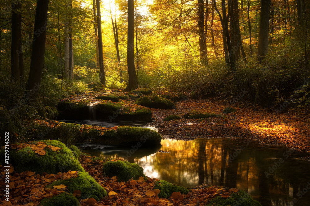 Obraz premium A tranquil forest clearing bathed in golden autumn light, where fallen leaves cover the ground and a small stream meanders through moss covered rocks.