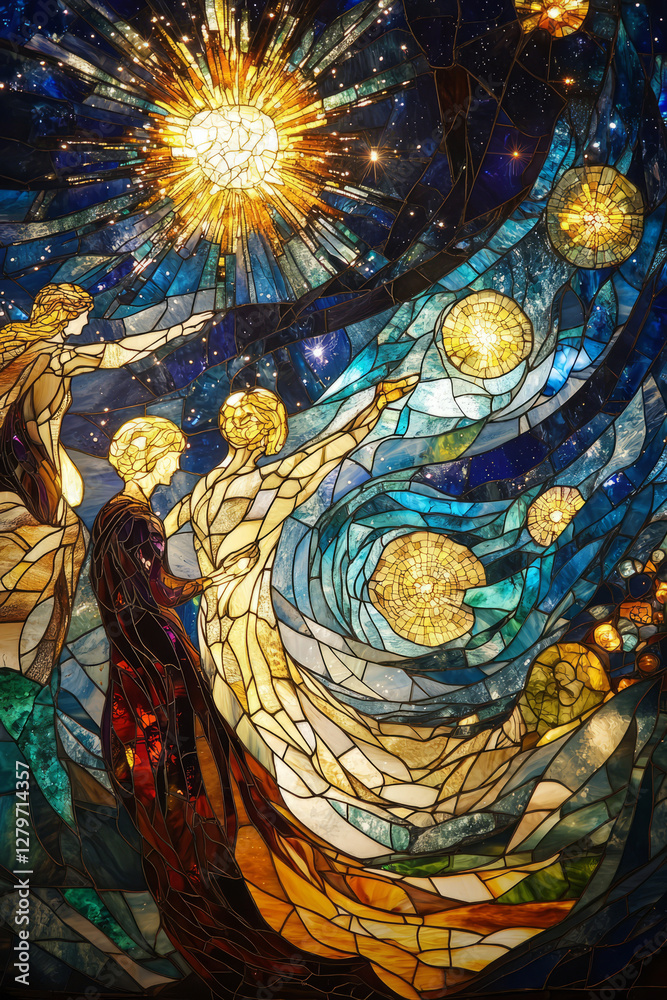 Fototapeta premium A richly detailed stained glass window depicting a breathtaking celestial scene, with swirling galaxies, shining stars, and radiant golden halos surrounding cosmic figures.