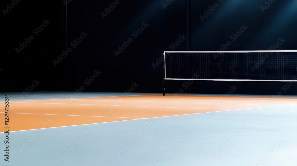 Naklejka premium Indoor Tennis Court with Net under Dramatic Lighting in Empty Sports Arena