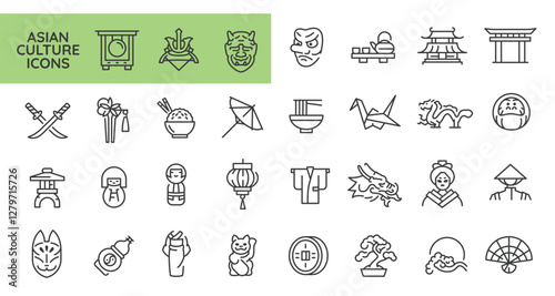 Asian Culture icons. Set of 31 Asian Culture trendy minimal icons. Example: Coin, Lute, Dragon, Sushi, Flower. Design signs for web page, mobile app, packaging design. Vector illustration.