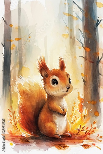 Charming orange squirrel in a whimsical autumn forest setting.