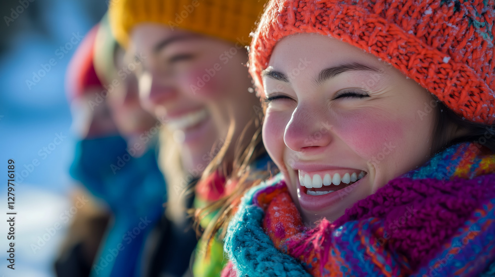 Group of young women enjoying winter with bright smiles Group of young women enjoying winter with bright smiles