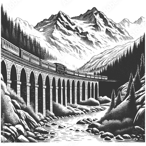 train passing over a stone viaduct, surrounded by mountains and forests. Majestic natural scene sketch engraving generative ai vector illustration. Scratch board imitation. Black and white image.