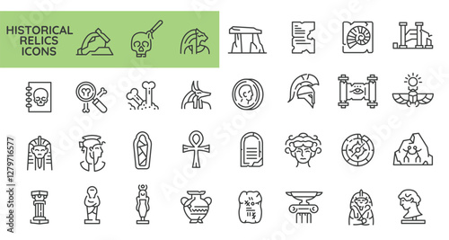 Historical Relics icons. Set of 31 relics trendy minimal icons. Ionic Column, Lyre, Greek Ship, Spartan Helmet. Design signs for web page, mobile app, packaging design. Vector illustration