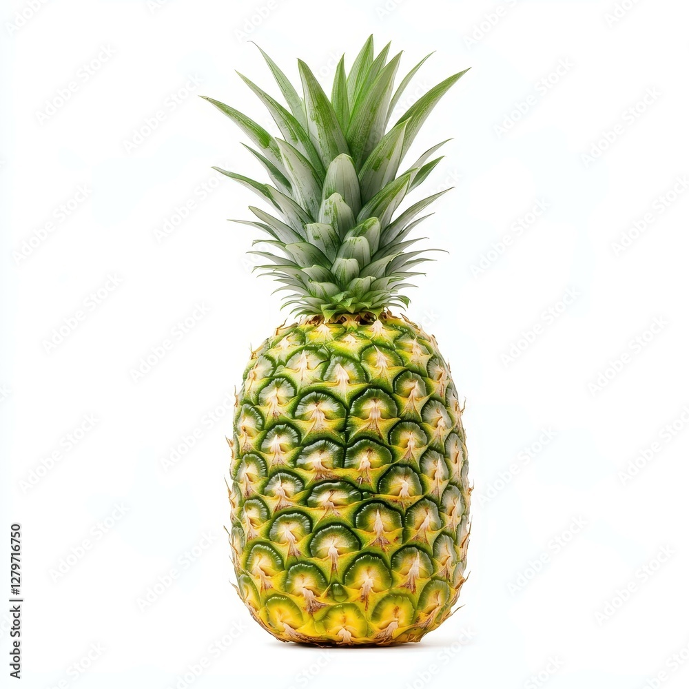 Fototapeta premium A vibrant pineapple rests on a white background, highlighting its rich colors and textured skin for a tropical feel.