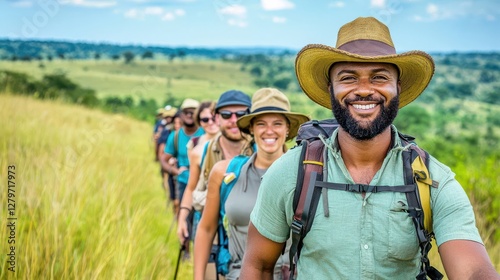A group of tourists on a walking safari, led by an experienced guide